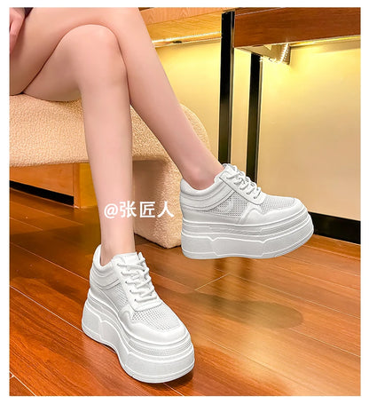 10-14cm Chunky Sneakers Women Platform Shoes Elevator Shoe White Mesh Breathable Sneakers Real Leather Increasing Shoes