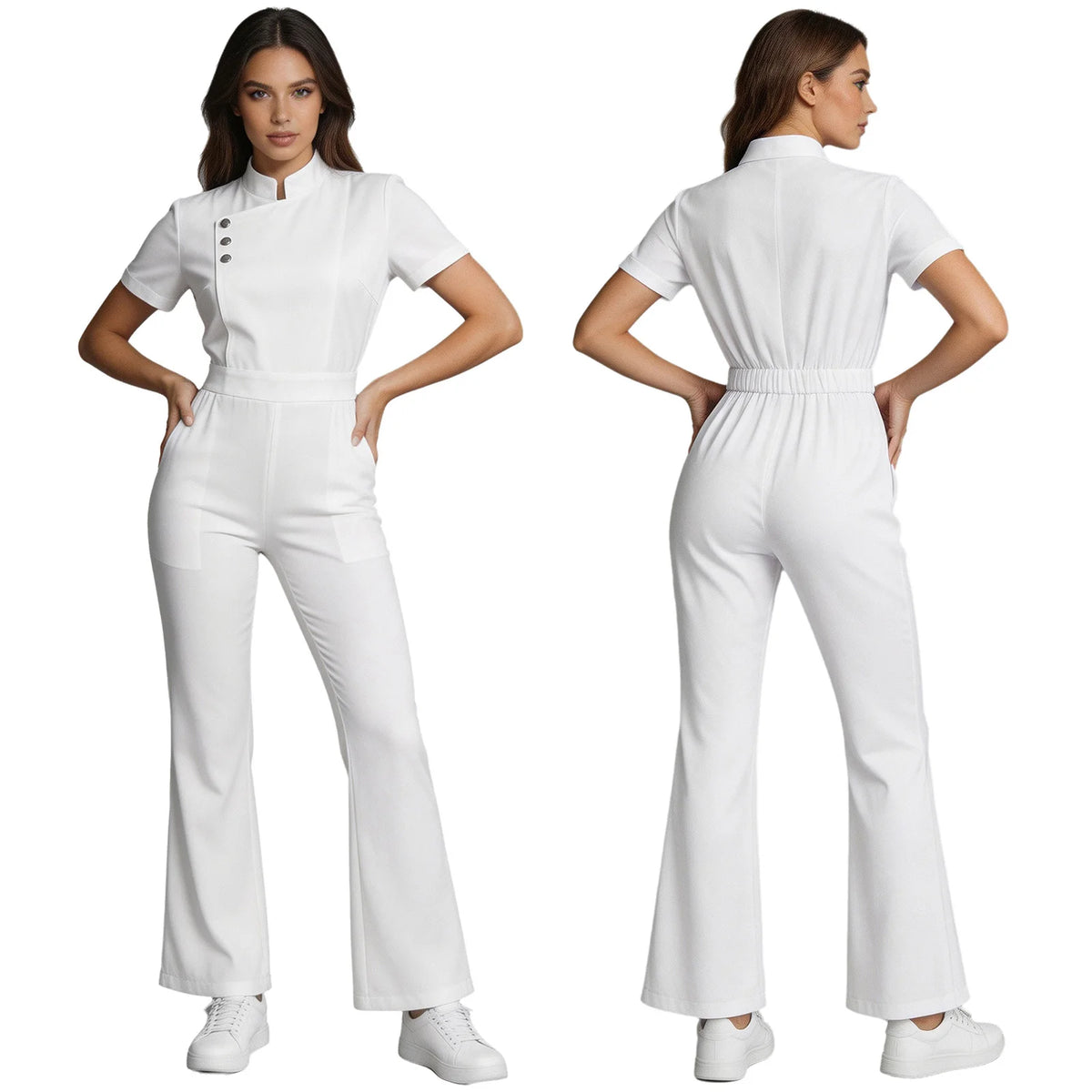 Womens Scrubs Jumpsuit Soft Stretch Medical Scrub Set with Pockets Front Zipper Elastic Waist Jogger Pants Nurse Doctor Workwear