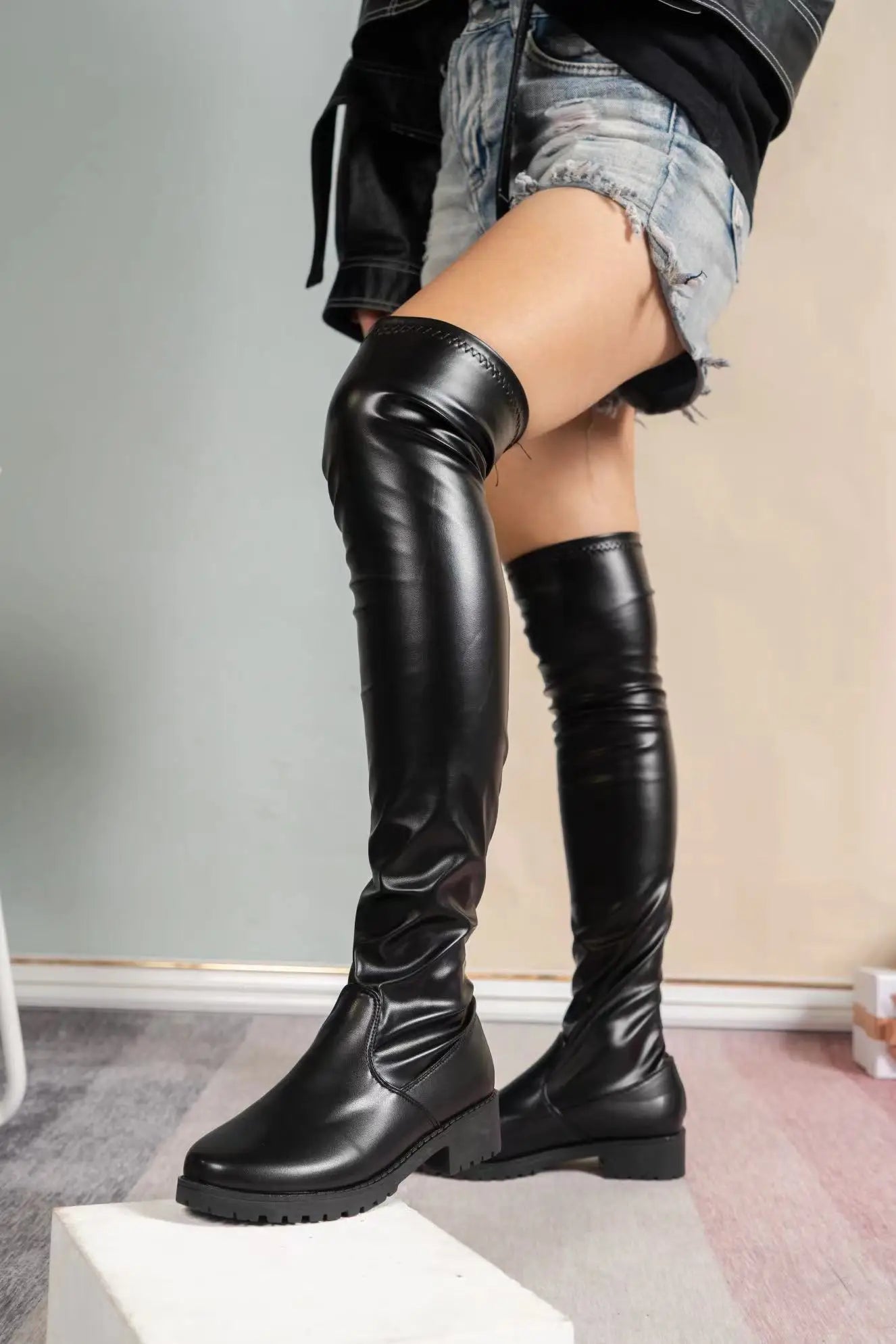 Platform Heel Women's Pumps Stretch Ankle Boots Designer Knee-high Women Trend Thigh High Black Gothic Shoes Invierno Para Mujer