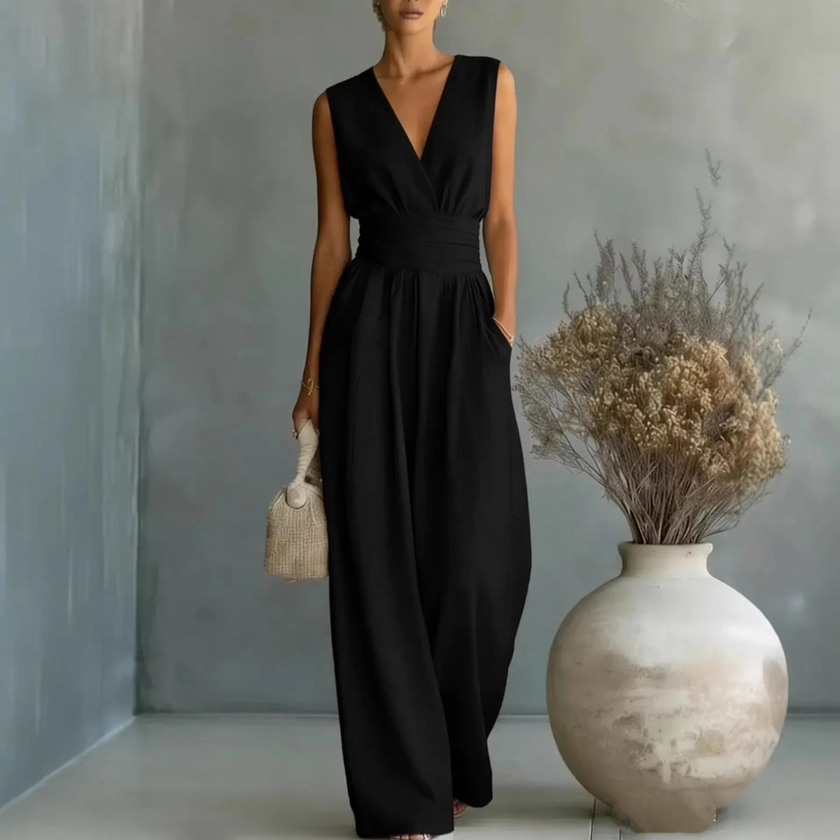 2026  V Neck Women's Jumpsuits Elegant Solid High Waist Rompers Casual Wide Leg Pants Pocket Overalls Vacation Outfit Loose