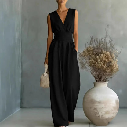 2026  V Neck Women's Jumpsuits Elegant Solid High Waist Rompers Casual Wide Leg Pants Pocket Overalls Vacation Outfit Loose