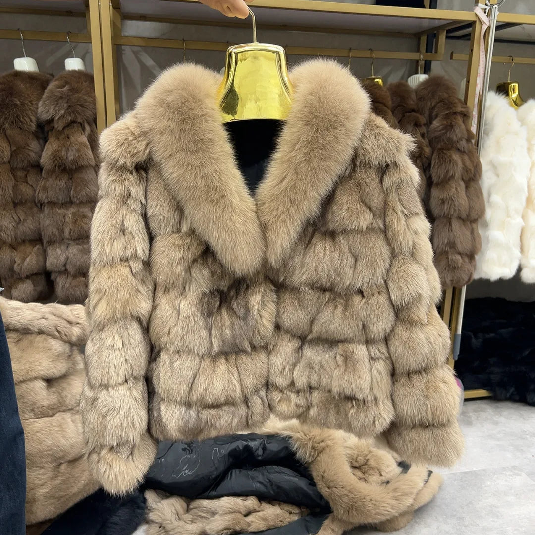 HUA QIU MEI SI Women's Natural Fox Fur Jacket with Fox Collar for Winter Warmth, Short Style Real Fox Fur Leather Jacket
