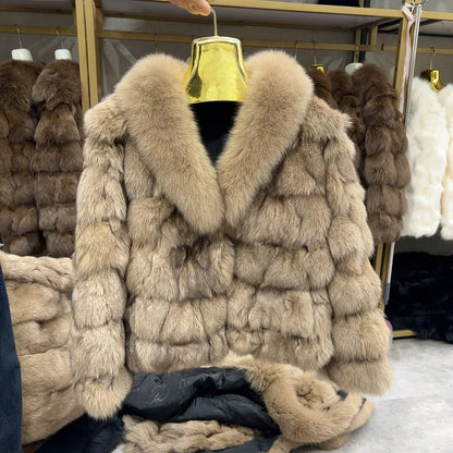 HUA QIU MEI SI Women's Natural Fox Fur Jacket with Fox Collar for Winter Warmth, Short Style Real Fox Fur Leather Jacket