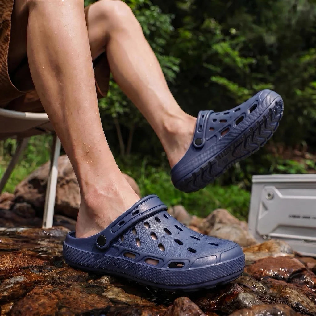 Lightweight Men EVA Slides Solid Color Breathable Hollow Slippers for Travel Beach Daily Home Use