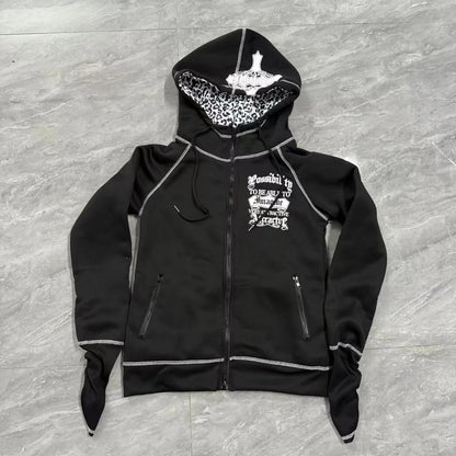 Women's Hooded Cardigan Sweatshirt Y2K Street Fashion Harajuku Hot Girl American Retro Hip Hop Rock Jacket 2000s Aesthetic
