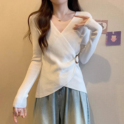 Women Wrap V Neck Ribbed Knit Top Metal Ring Buckle Flare Long Sleeve Slim Sweater