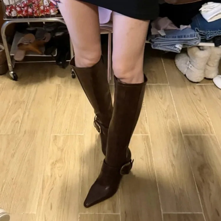 Winter Fashion Sexy Soft Leather Knee High Boots Women Metal Belt Buckle Ladies Zip Pointed Toe Designer Heels Long Shoes