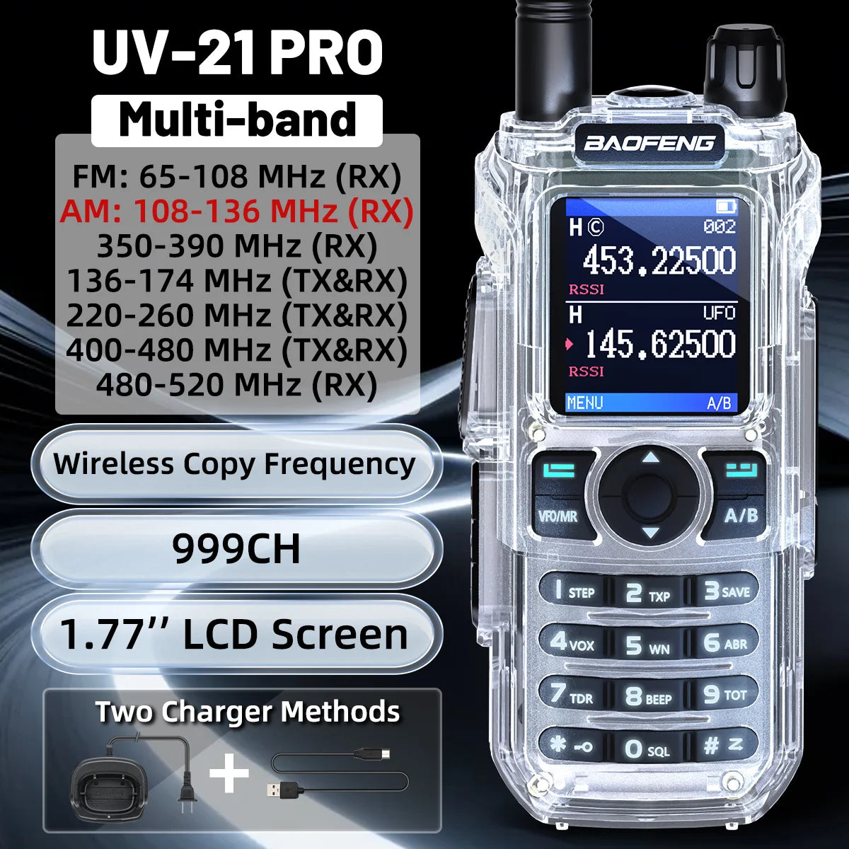 BAOFENG UV-21 PRO Auto Frequency Copy Walkie Talkie Ultra Long Range High Power Multi-Band Type-C Charger Portable Ham Radio