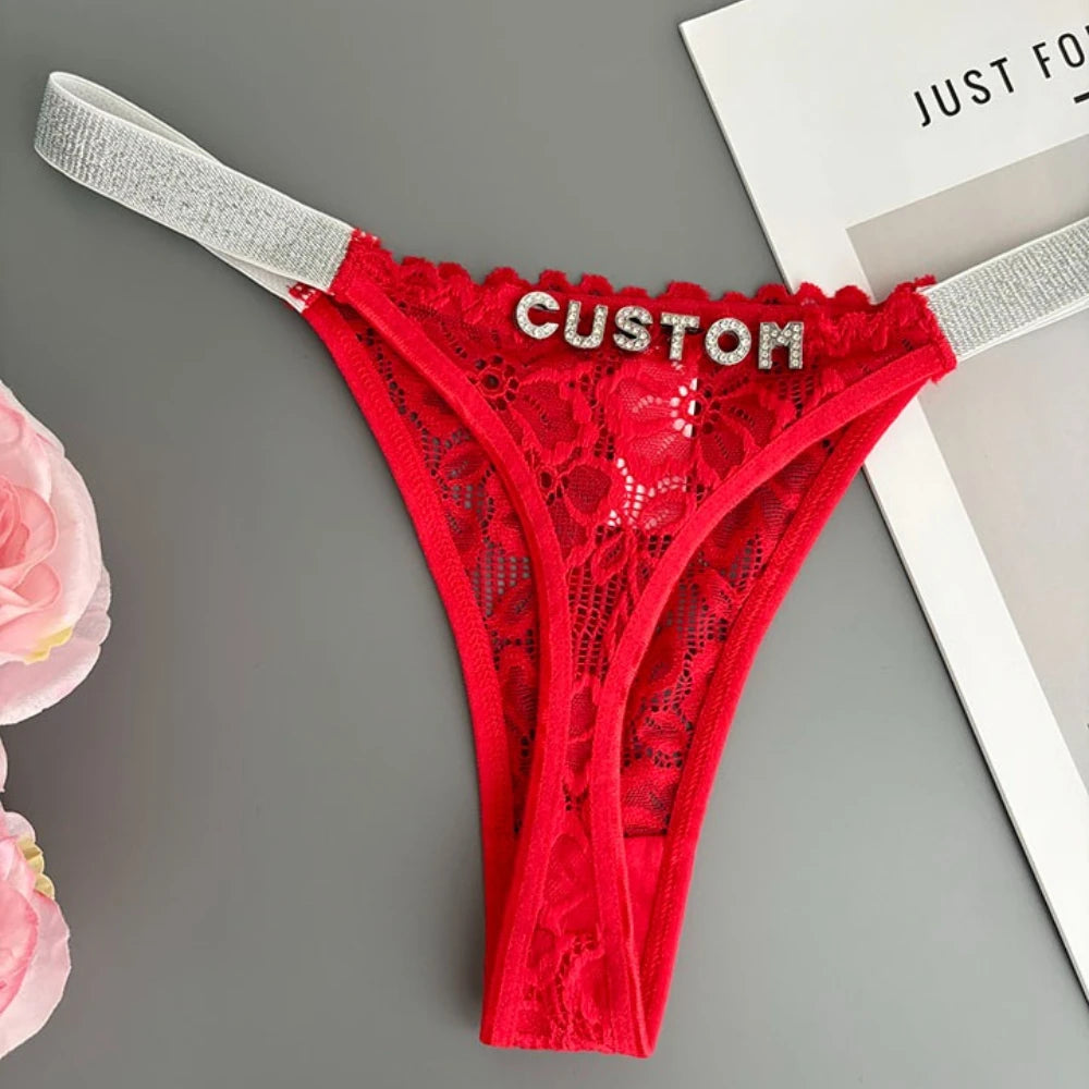 Custom Thong Letter Name G-String Sexy Lace Panties Women Flash Silver Belt Fashion Knickers Girlfriend Hot Wife Holiday Gift