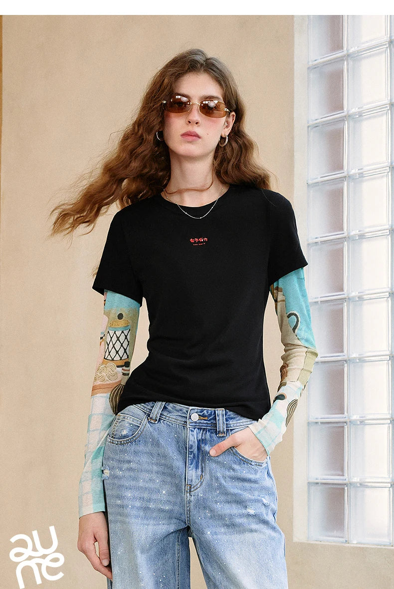 TOYOUTH Women's Sheer Second Skin Base Layer Top 2026 Fall Slim Fit Mongolian Print Nomadic Style