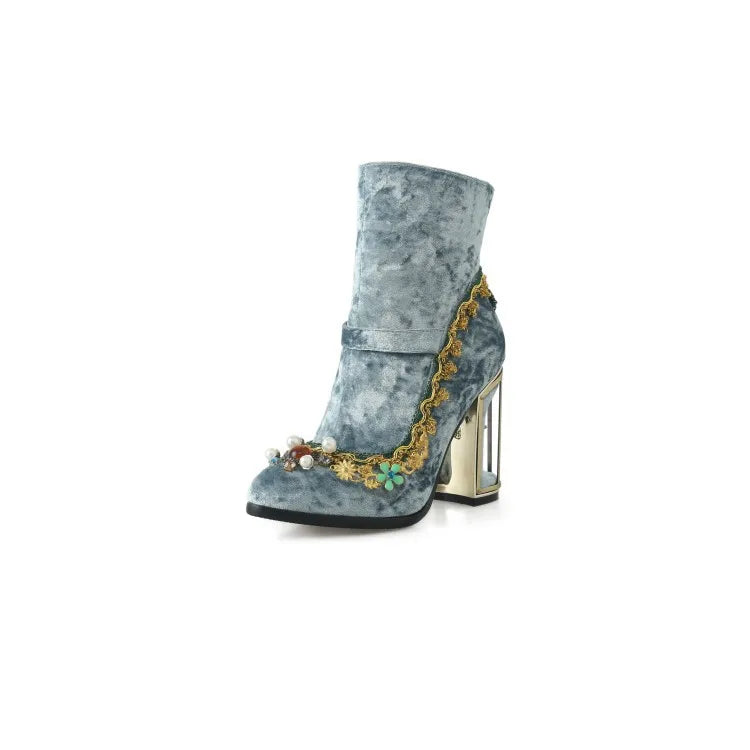 Royal Gemstone Jeweled Flower Velvet Ankle Boots Floral Crystal Cage Fretwork High Heels Blue Red Black Woman Bridal Booties