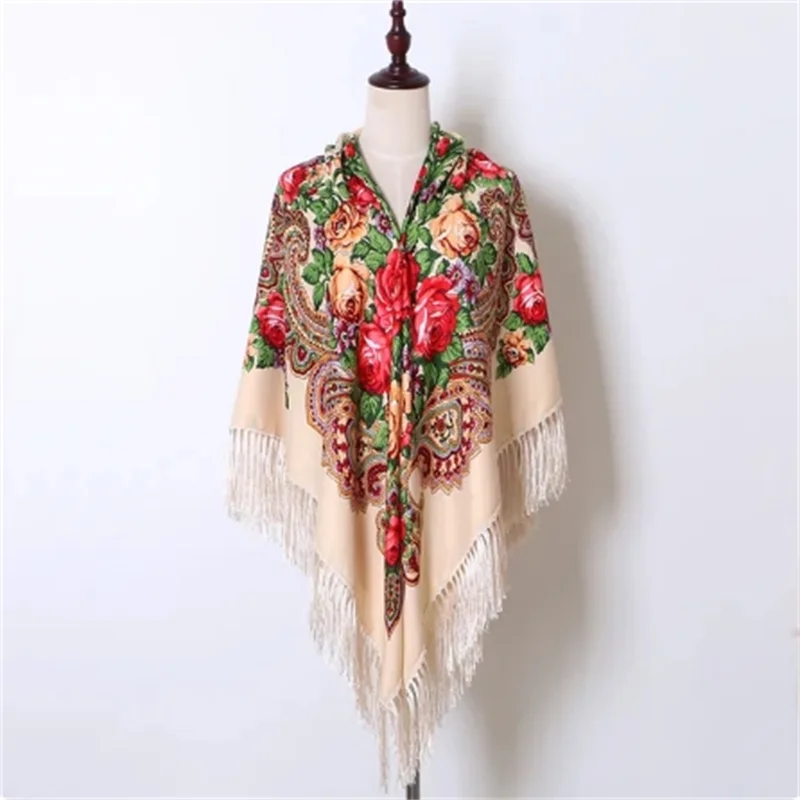 160cm Women Russian National babushka Scarf Lady Tassel Floral Print Cotton Headscarf Wraps Beach Travel Shade Shawls Bandana