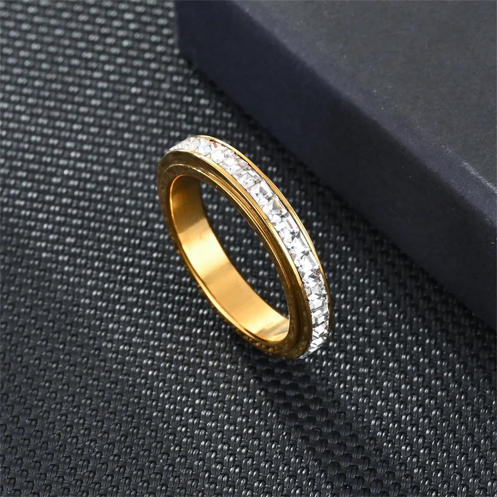 Fidget Anxiety Anti-stress Ring Women's 4mm Gold Silver Color Stainless Steel Crystal Rotatable Spinner Rings for Woman Jewelry