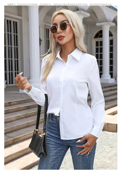 Women Elegant Solid Button Shirt Chiffon Blouse Spring Summer Casual Solid Long Sleeve Turn Down Collar Tunics OL Shirt Tops