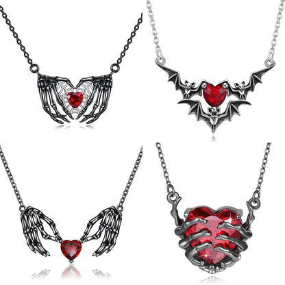 Gothic Punk Bat Wings and Heart-Shaped Resin Pendant Necklace - Dark Fantasy Style Alloy Chain, Halloween Gift for Women, Casual Fashion Accessories