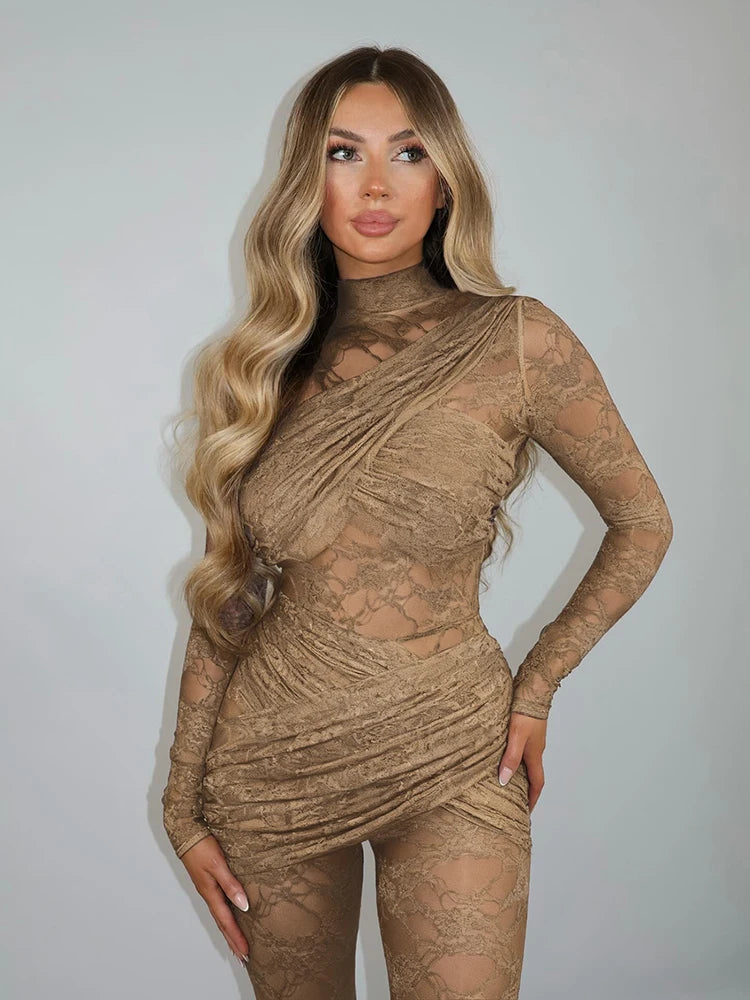 Weird Puss Backless Jumpsuit Women Coquette Jacquard Patchwork Cross Bandage Midnight Stretch Full Sleeve Club Activity Overalls