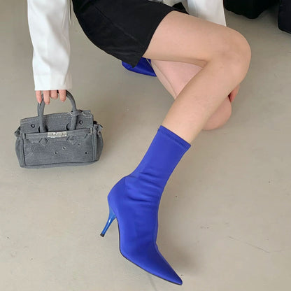 2026 New Spring Autumn Stretch Fabric Women Ankle Boots Sexy Pointed Toe High Heels Fashion Female Socks Pumps Shoes