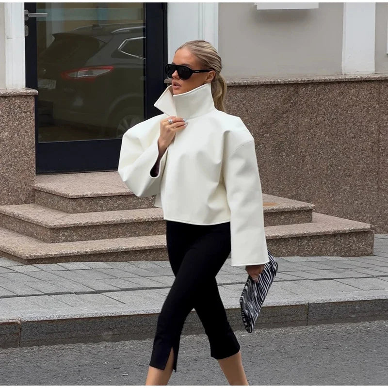 Women Cropped PU Leather Jacket Stand Collar Wide Flare Sleeve Asymmetrical Wrap Open Front Coat 2026 Autumn Chic Loose Jackets