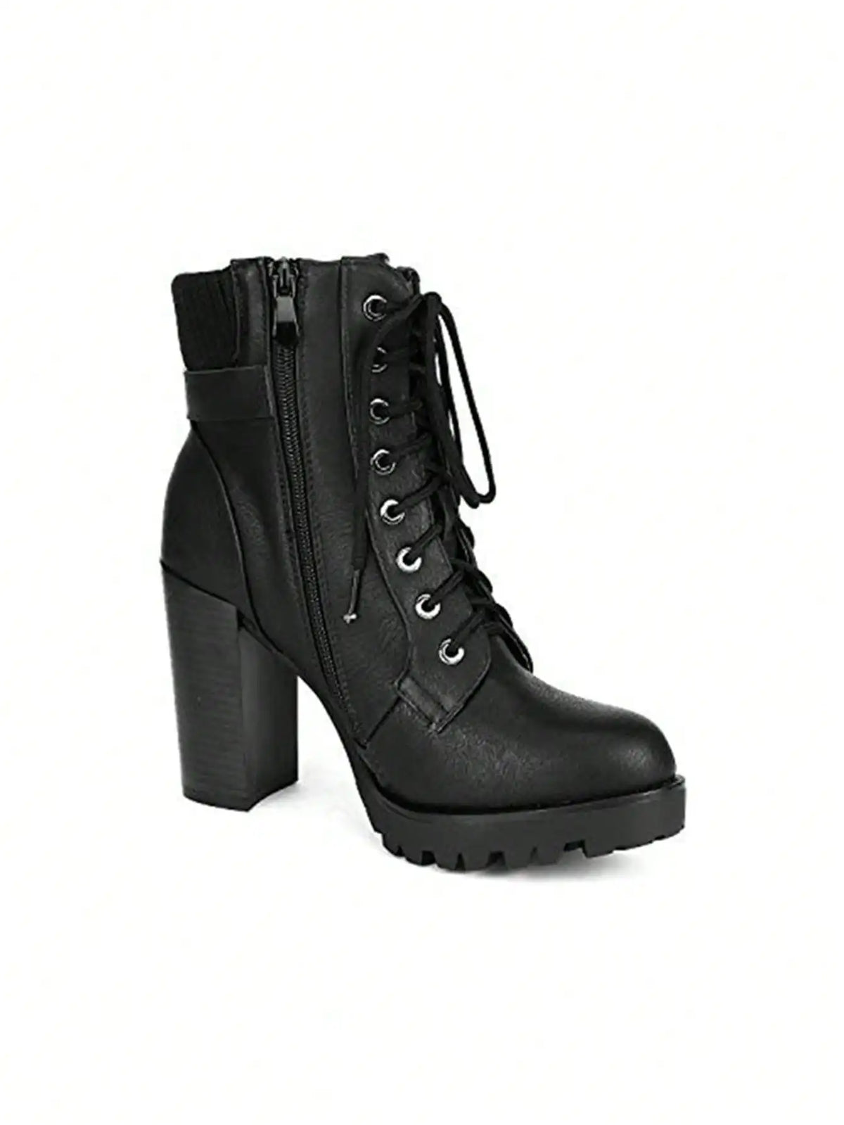 Women's Lace Up Combat Ankle Boots High Chunky Heel Fashion Heeled Booties Shoes Black Boots Ankle Boots
