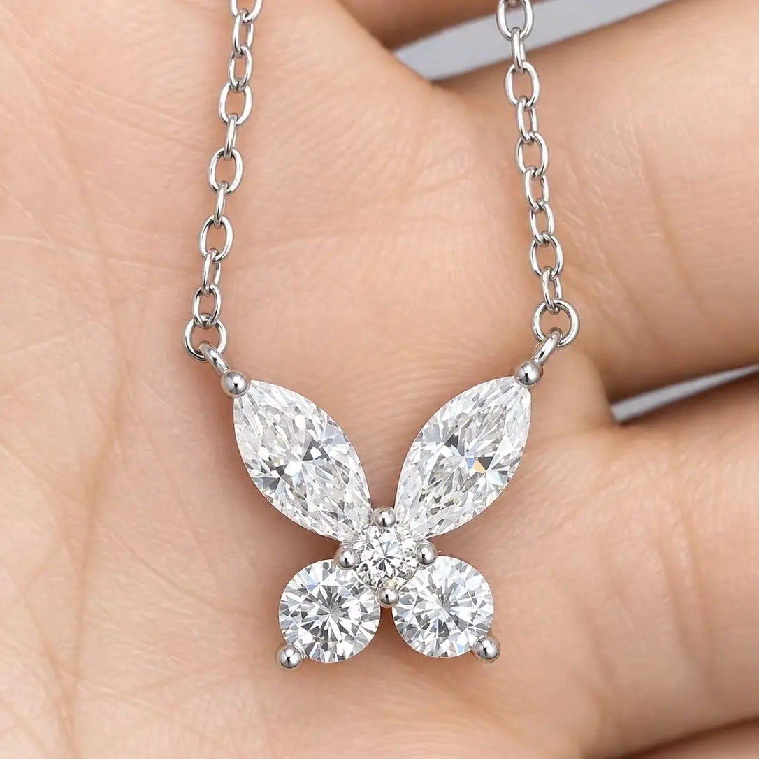 925 Sterling Silver Butterfly Collarbone Necklace for Women – Fully Pave-Set with 1.6 Carat Moissanite – Romantic Style