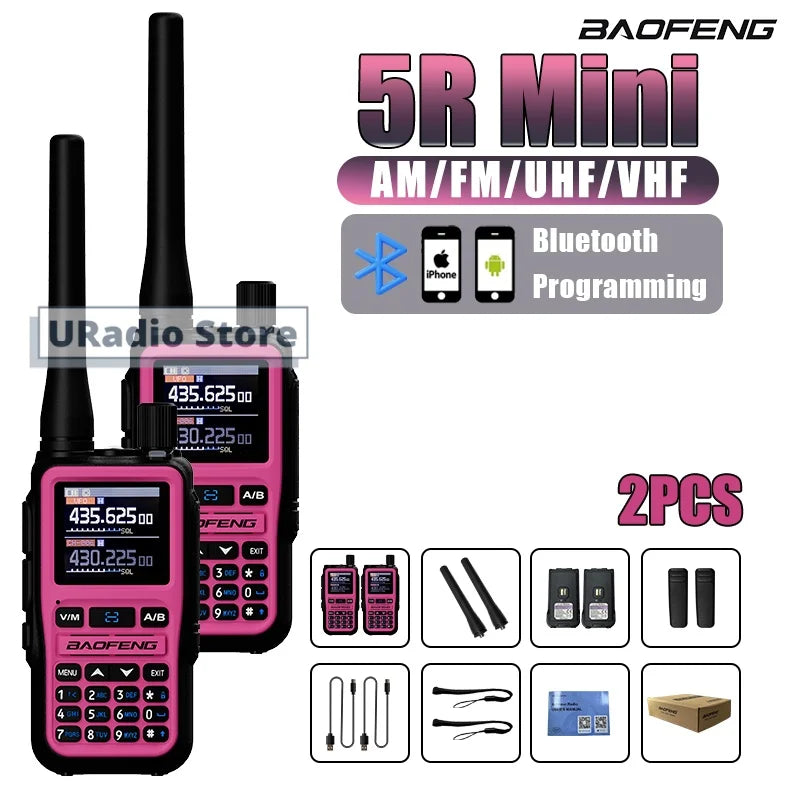 Baofeng UV-5R Mini Walkie Talkie BF-5R Mini Ham Two Way Radio Pink Dual Display USB-C 999 Channel AM For Camping Hiking Hunting
