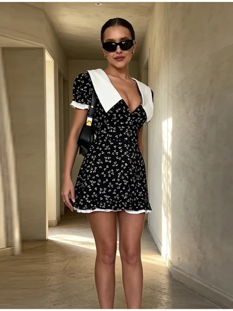 Sweet Floral Print Puff Sleeve Mini Dress Women Fashion Peter Pan Collar A-line Button Vestido Summer Vacation Date Party Outfit