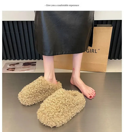 Thick Heel Luxury Lambwool Mules  Winter Shoes Woman Flip Flops Flat Cover Toe Slides Ins Warm Curly Lamb Fur Slippers Women