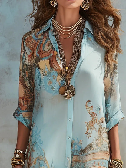 Elegant Shirt Dress for Women Chiffon Digital Print Turndown Collar Single-breasted Dresses Flowy Casual Boho Summer Clothing
