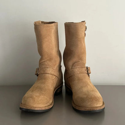 Handmade Work Boots Men and Women Engineer Mid-Calf Retro Motorcycle Boot Faded Mid-Calf Boot Khaki Black Suede Knight Boots