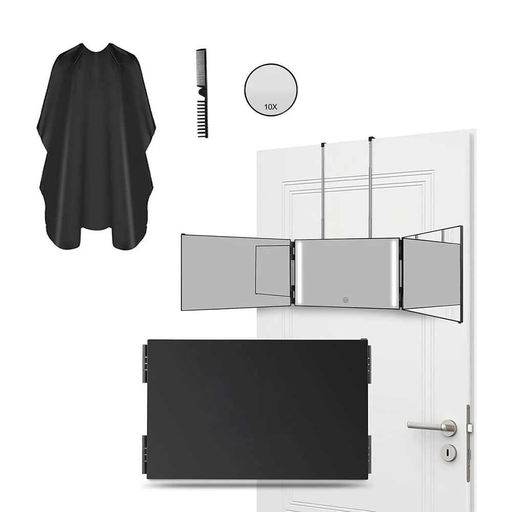 Travel Portable 360° Trifold Vanity Makeup Mirror with Height Adjustable Telescoping Hook for Hair Self Cutting, Shaving, Gifts