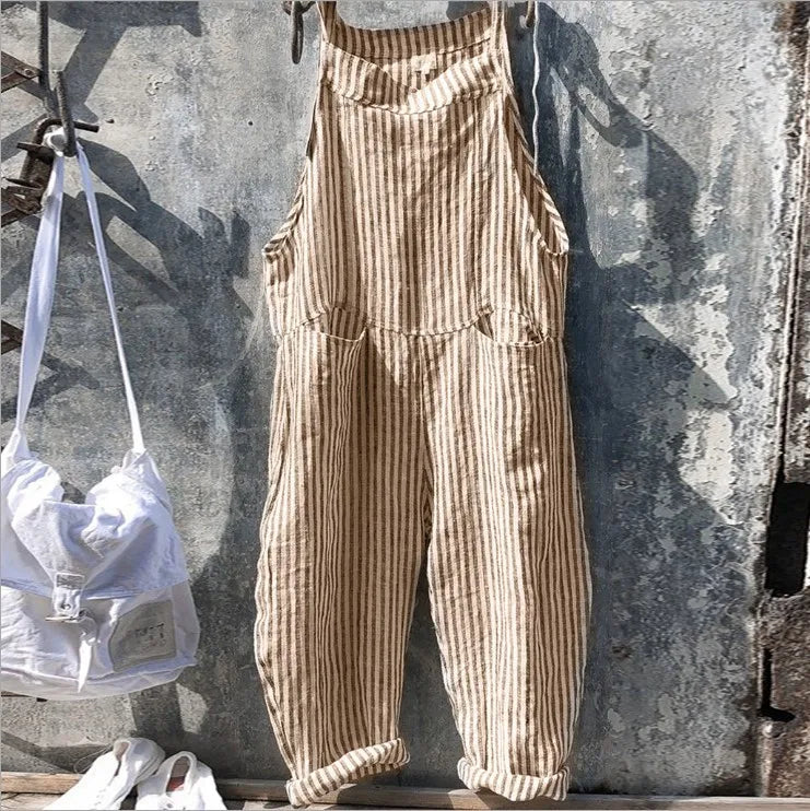 Women's Stripe Jumpsuits Cargo Pants Wide Leg Pants Trousers Multicolor Ethnic Bib Sleeveless Casual Loose Jumpsuit With Pockets