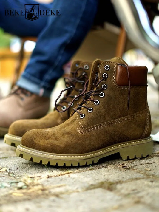 Vintage Mens Real Cow Suede Leather Work Boots Lace Up High Top Thick Platform Ankle Boots Male Motorcycle Riding Safety Shoes