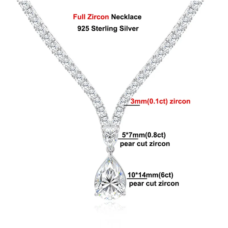 6Carat Pear Cut Full Moissanite Tennis Necklace for Women V-shape 3mm Round Cut Diamond S925 Silver WaterDrop Riviera Necklaces