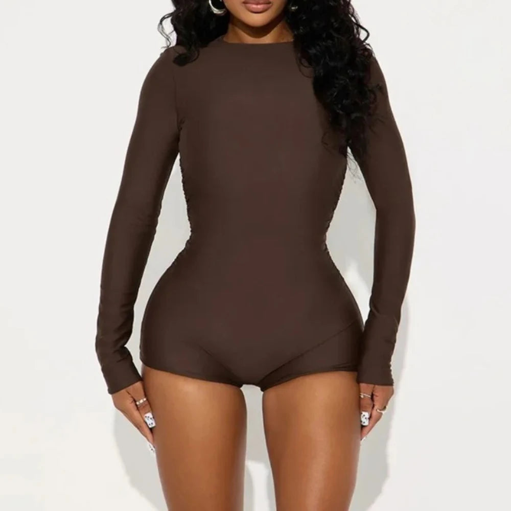 Sexy Solid Color Bodycon Rompers for Woman Round-neck Long Sleeve Elasticity Jumpsuit  Female Streetwear Overalls 2025