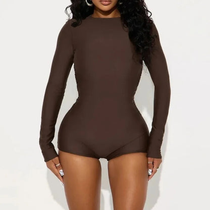 Sexy Solid Color Bodycon Rompers for Woman Round-neck Long Sleeve Elasticity Jumpsuit  Female Streetwear Overalls 2025