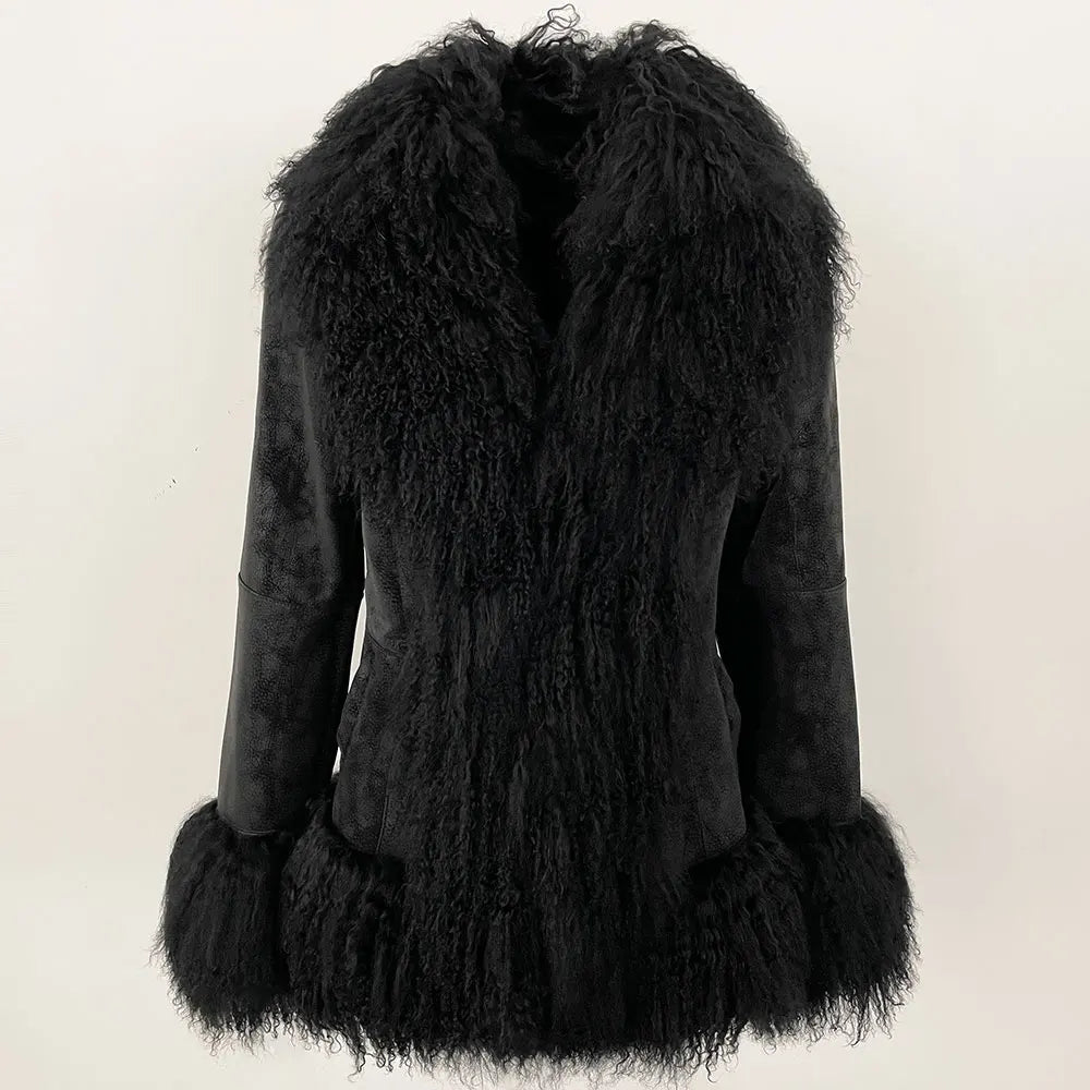 OFTBUY New Winter Warm Curly Mongolia Sheep Fur Jacket Women Vintage Shearling Coat Slim Faux Suede Real Rabbit Fur Clothing