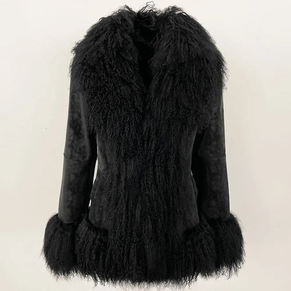 OFTBUY New Winter Warm Curly Mongolia Sheep Fur Jacket Women Vintage Shearling Coat Slim Faux Suede Real Rabbit Fur Clothing