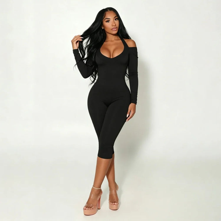 FLARORA Sexy Serpentine Print Jumpsuits Woman Halter Off-shoulder Full Sleeve Skinny Peach Hip Playsuits Hottie Party Clubwear