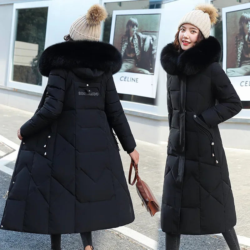 New Women's Winter Jacket 2026 Mid-length Fashion Slim Over Knee Fur Collar Thick Cotton Coat Elegant Gray Parka Woman Clothing