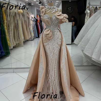 New Champagne Dubai Crystals Mermaid Evening Dress Beaded Leaves 3D Prom Gown With Detachable Customized Long Party Dresses 2025