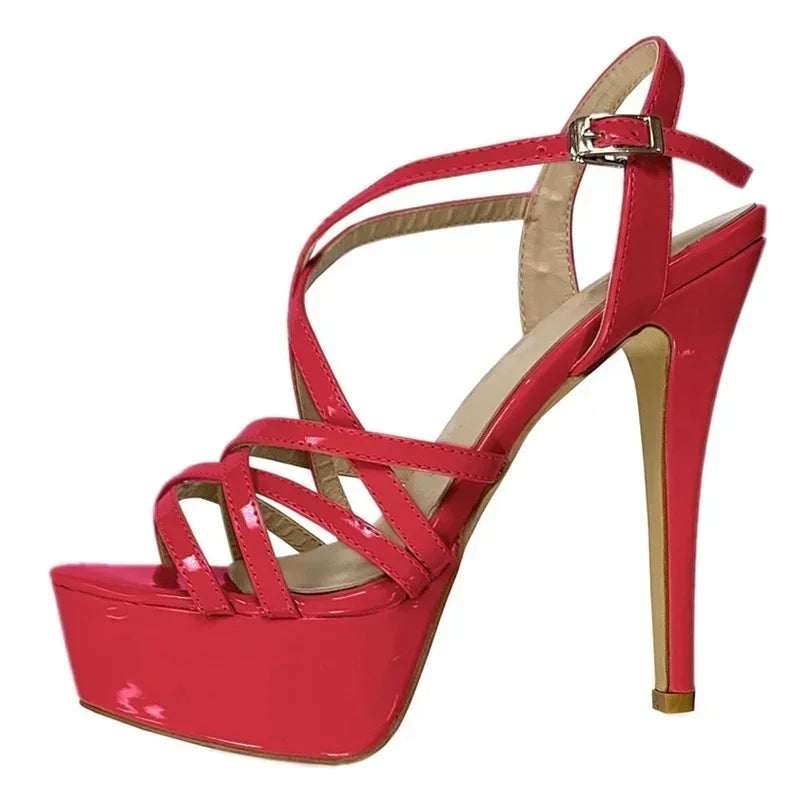 Women Sandals Catwalk Shows 14CM Open Toe Platform High Heels Snake Pattern Stilettos Sexy Ankle Strap Gladiator Party Shoes