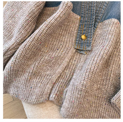 Fat mm200 Pounds Vintage Denim Patchwork Sweater Coat ins Fashion Woman 2024 Autumn and Winter Thickened Loose Niche Cardigan