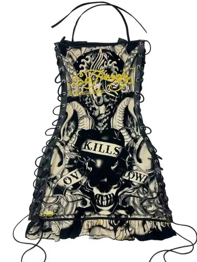 Halter Printed Y2k Line Up Wacky Contrast Dress Women Gothic Party Sexy Hollow Bandage Halloween Makeup Dresses Outwear LX61