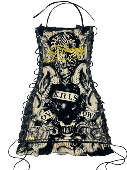 Halter Printed Y2k Line Up Wacky Contrast Dress Women Gothic Party Sexy Hollow Bandage Halloween Makeup Dresses Outwear LX61