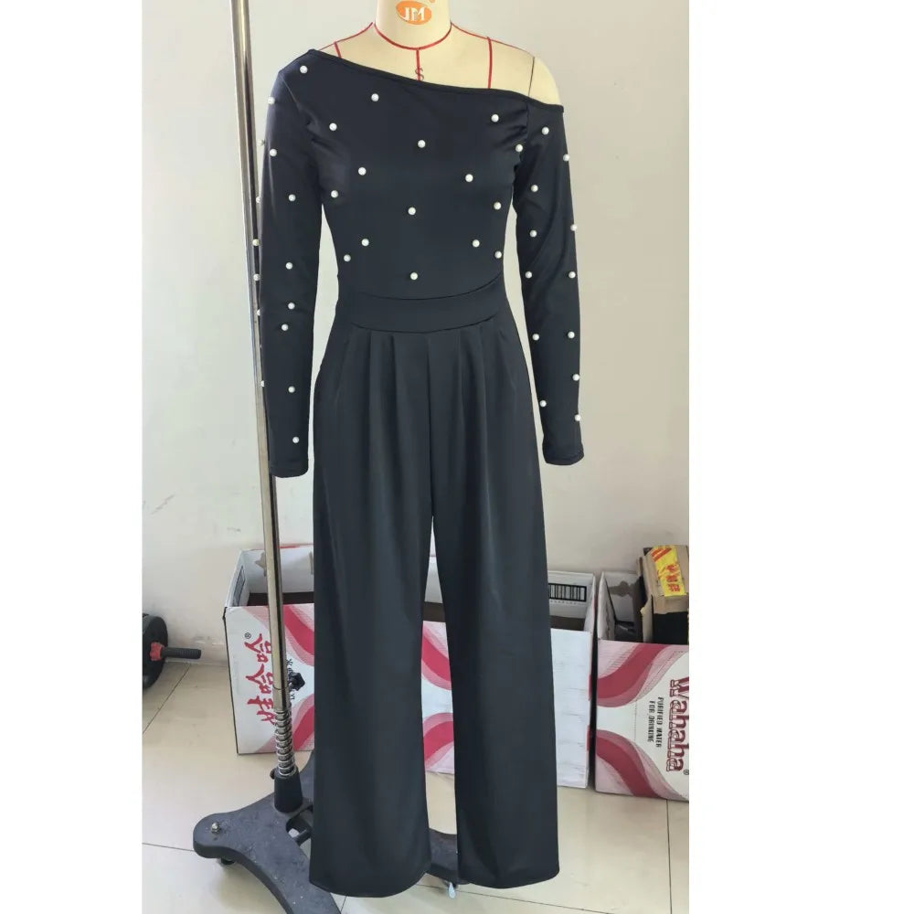 Fashion Beaded Slant-neck Women Jumpsuit Spring Autumn New Cinched Waist Wide Leg Long Pants Elegant Female Office Rompers 2026