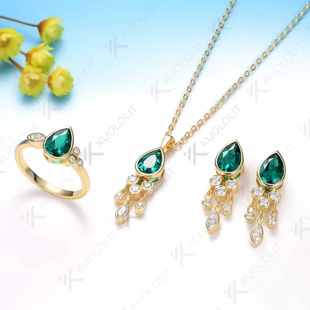 Kuololit 1.6CT Lab Grown Emerald and Moissanite Necklace for Women Solid 18K 14K 10K 585 Yellow Gold Pear Pendant for Christmas