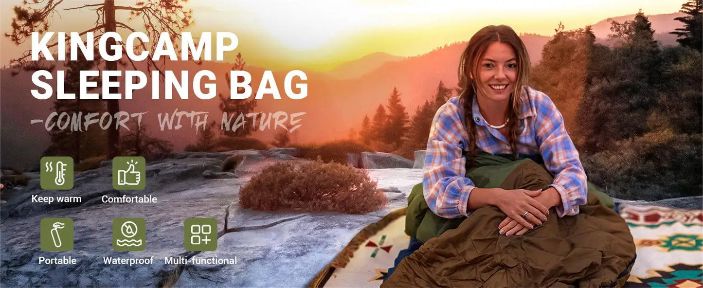 KingCamp Sleeping Bag for Adults, Cold Weather XL Big & Tall (74.8"x33.1" Fits 6.6ft), Cotton Flannel Lining & 300g/㎡ Hollow Fiber Fill (Comfort 44.6°F), Lightweight with Compression Sack, 2-Way Zipper for Couples, Outdoor