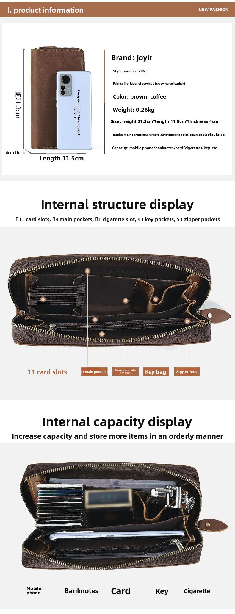 Men's Clutches Long Handbag Business Vintage Cow Leather Man Long Wallet For Men And Woman Oil Wax Zipper Bag Purse