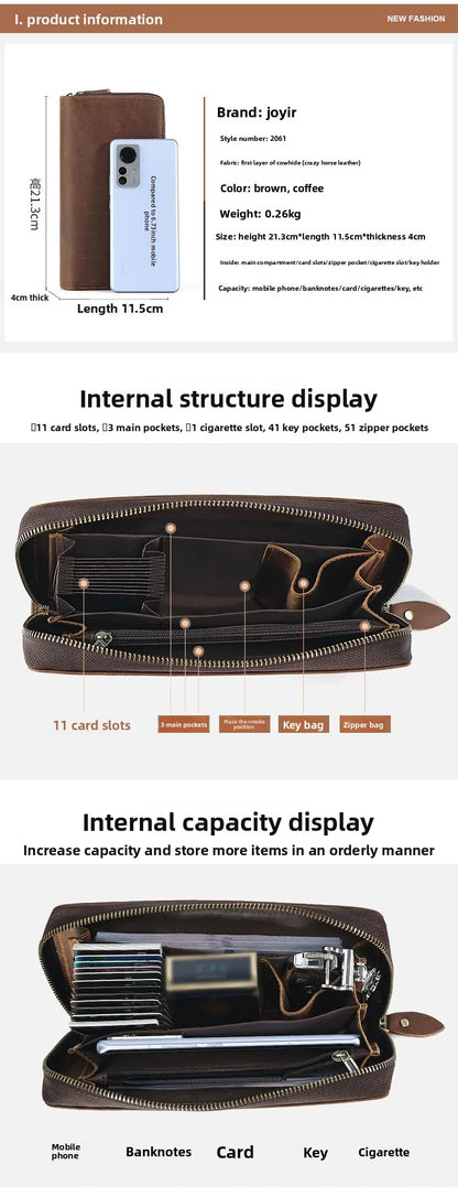 Men's Clutches Long Handbag Business Vintage Cow Leather Man Long Wallet For Men And Woman Oil Wax Zipper Bag Purse