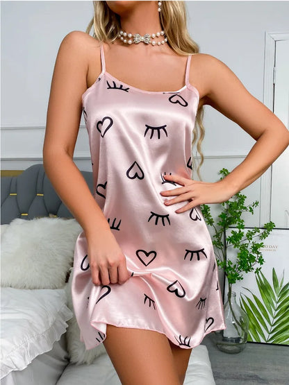 Ladies Sexy Sling Nightgown Nightdress Women's Sexy Lingerie Silk Satin Sleepwear Floral Pinting Nightwear Homewear Mini Dress